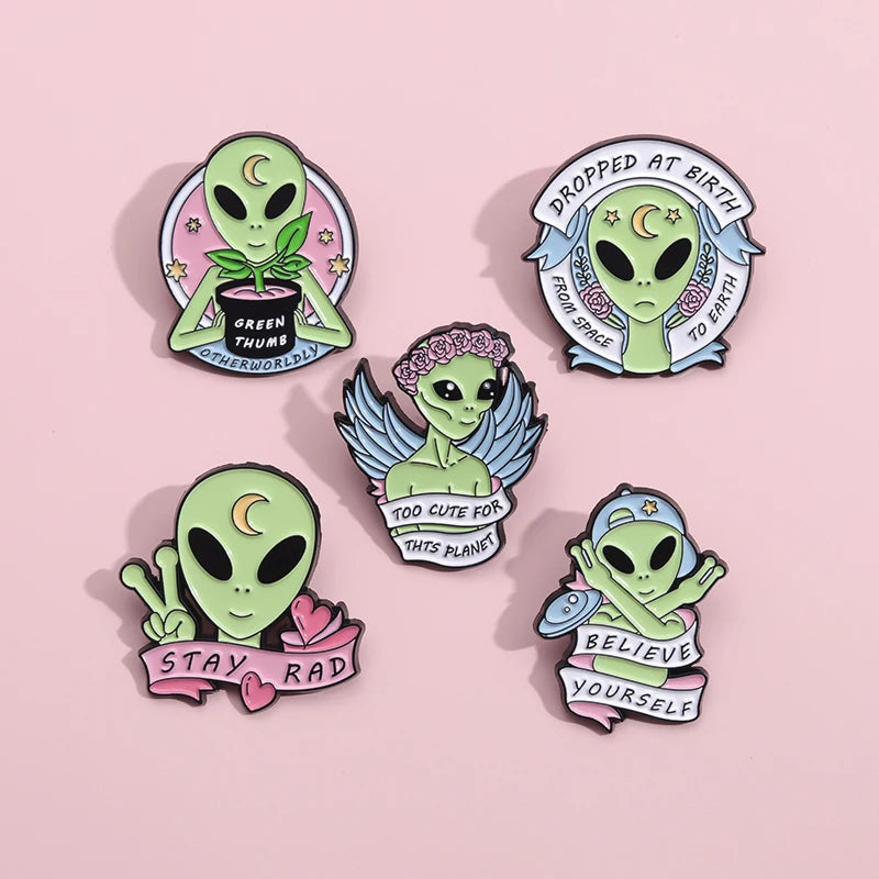 Pin Club | Cartoon Alien Brooches Metal Custom Lapels Clothes Hat Badges Potted Plant Flower Funny Accessories Gifts Wholesale