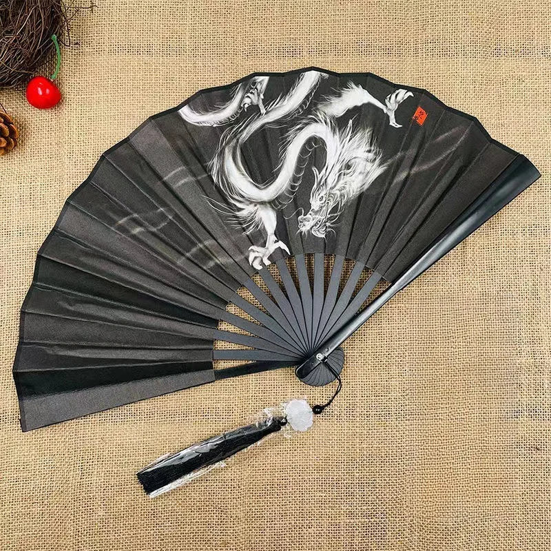 Chinese Style Folding Fan, Classical Dancing Cloth, Vintage Plastic Animal Dragon Printing, Hand Held Fans, Photo Props, Cosplay