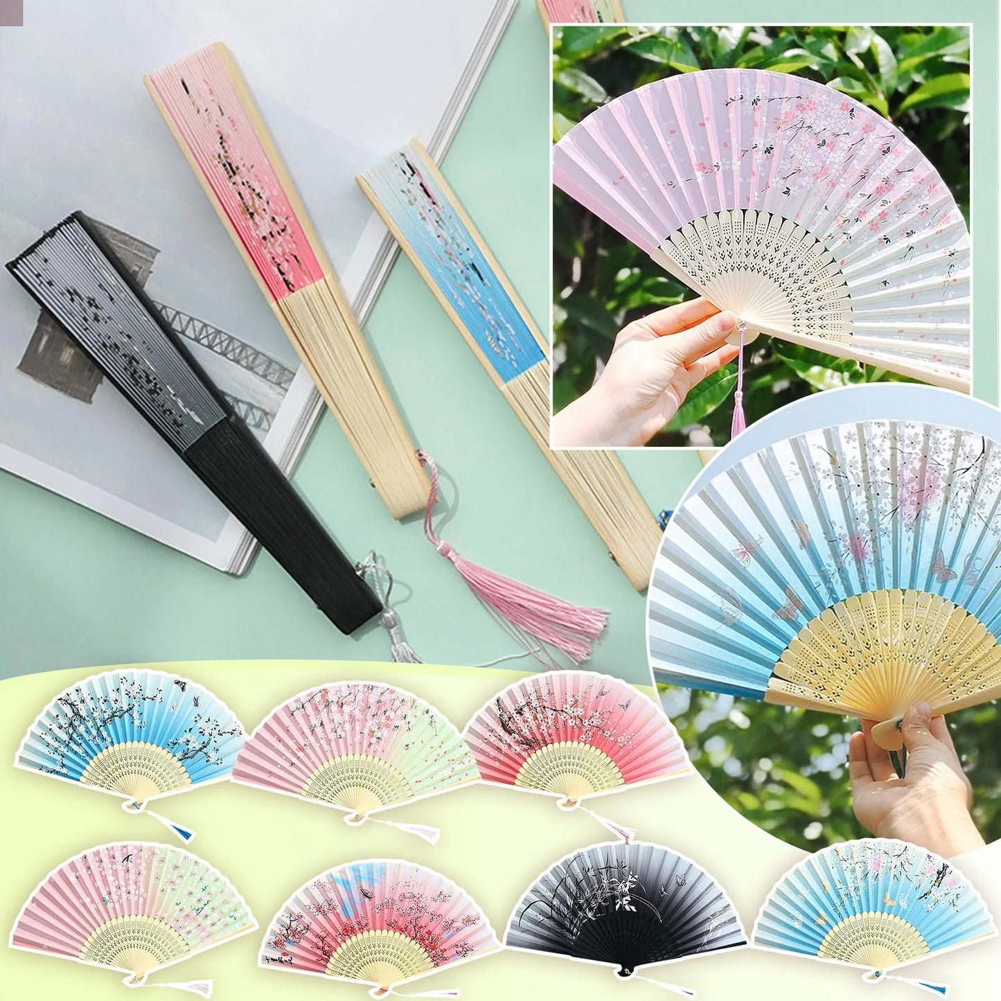 Chinese Fan Hand Fans For Women Foldable Silk Bamboos Foldable Paper Fans For Wedding Dancing Party Home Decoration Wholesale