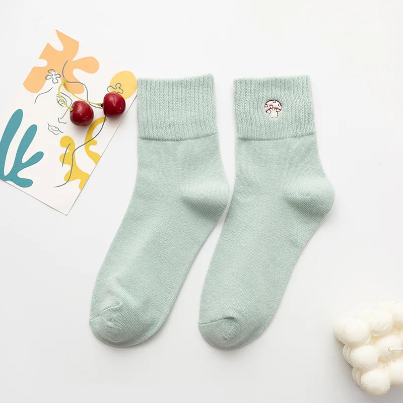 Women's Harajuku Solid Color Socks Lovely Girl Vegetable Embroidery Mushroom Cotton Socks Kawaii Funny Casual Socks