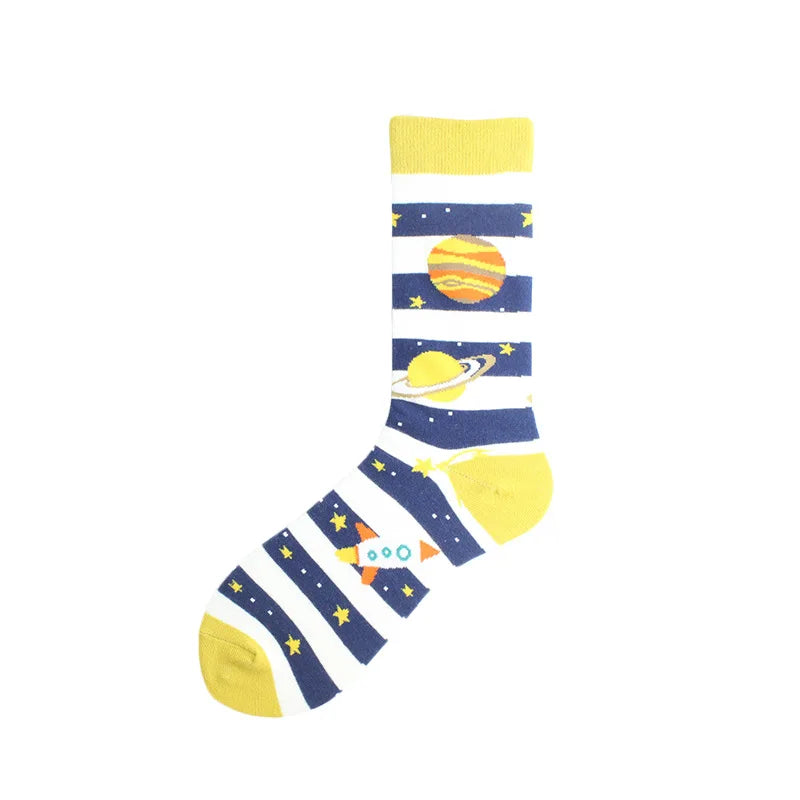 Painting Style Astronaut Men's Socks Harajuku Colorful Cotton Socks Planet Rocket Space Street Alien Socks