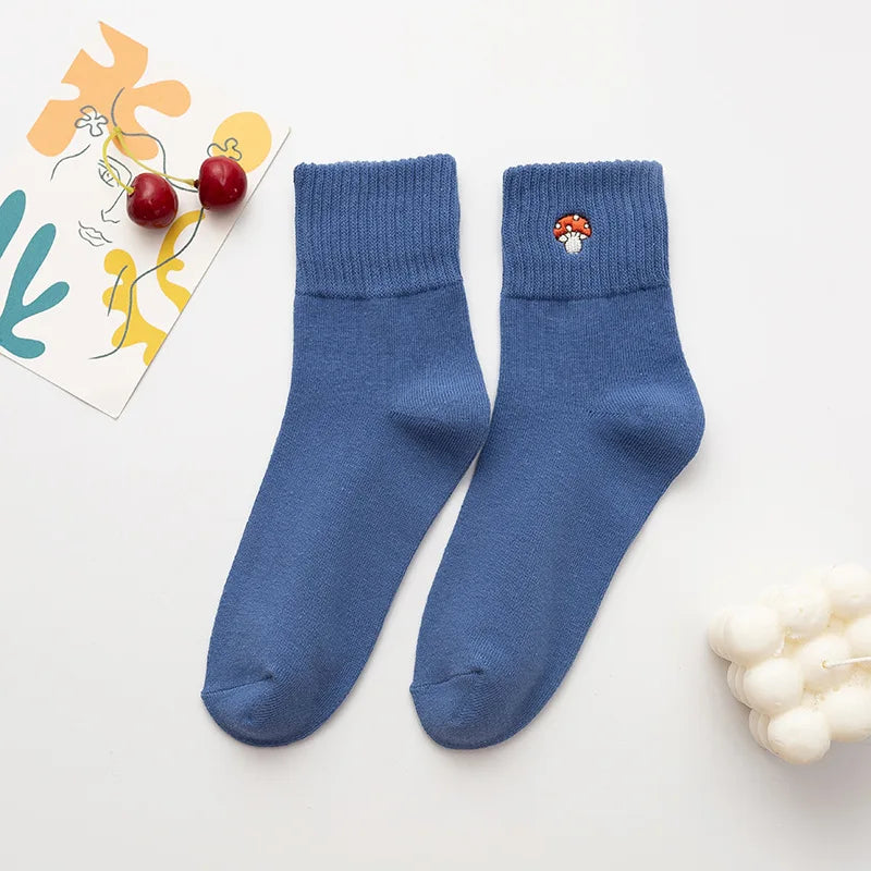 Women's Harajuku Solid Color Socks Lovely Girl Vegetable Embroidery Mushroom Cotton Socks Kawaii Funny Casual Socks
