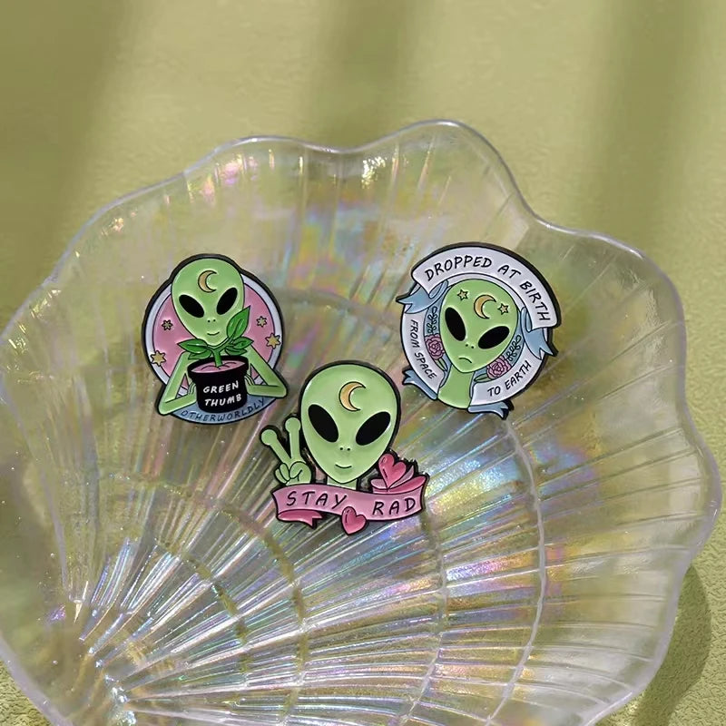 Pin Club | Cartoon Alien Brooches Metal Custom Lapels Clothes Hat Badges Potted Plant Flower Funny Accessories Gifts Wholesale