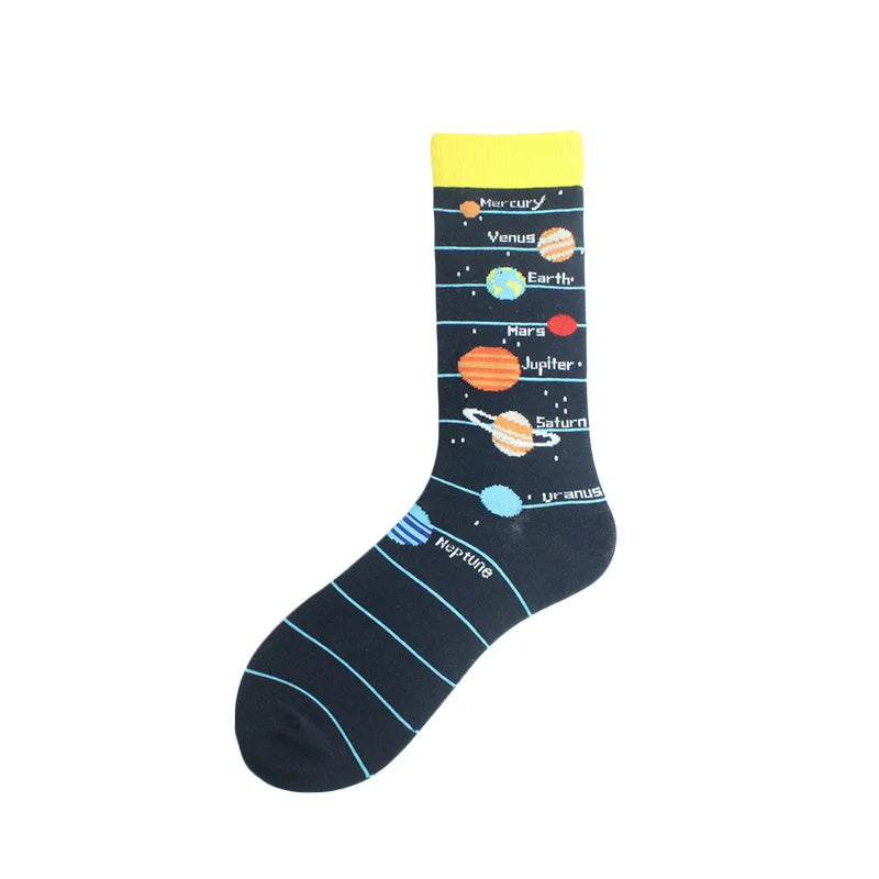 Painting Style Astronaut Men's Socks Harajuku Colorful Cotton Socks Planet Rocket Space Street Alien Socks