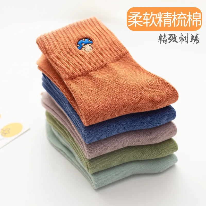 Women's Harajuku Solid Color Socks Lovely Girl Vegetable Embroidery Mushroom Cotton Socks Kawaii Funny Casual Socks