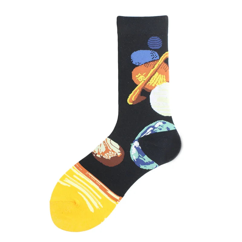 Painting Style Astronaut Men's Socks Harajuku Colorful Cotton Socks Planet Rocket Space Street Alien Socks