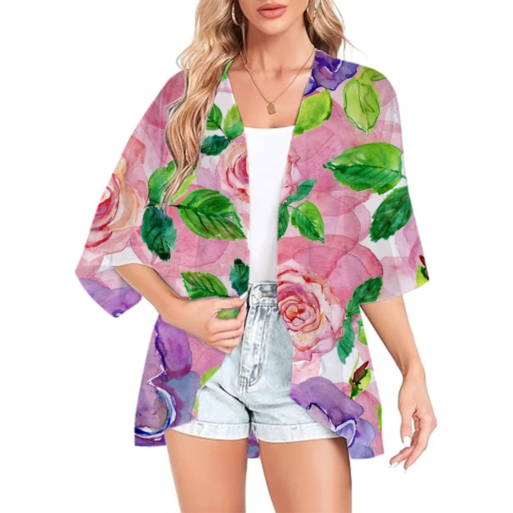 Women Boho Printed Kimono Beach Cover-Ups Fashionable Summer Open Front Chiffon Cardigan Loose Shirt Sleeve Shawl Capes Bohemia