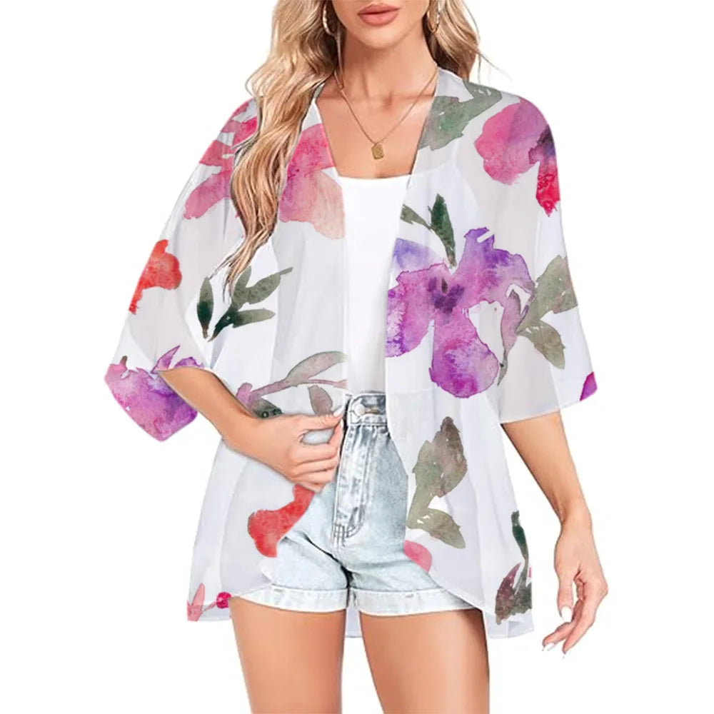 Women Boho Printed Kimono Beach Cover-Ups Fashionable Summer Open Front Chiffon Cardigan Loose Shirt Sleeve Shawl Capes Bohemia