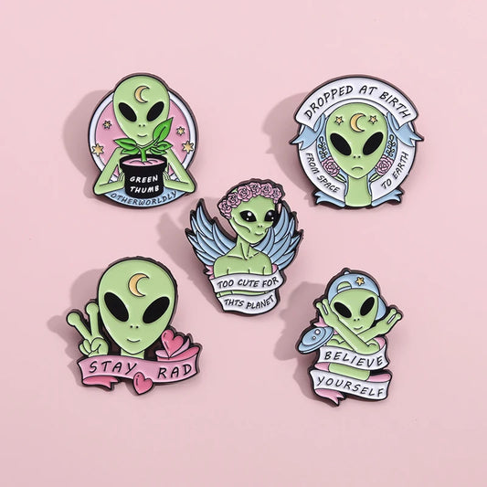 Pin Club | Cartoon Alien Brooches Metal  Custom Lapels Clothes Hat Badges Potted Plant Flower Funny Accessories Gifts Wholesale