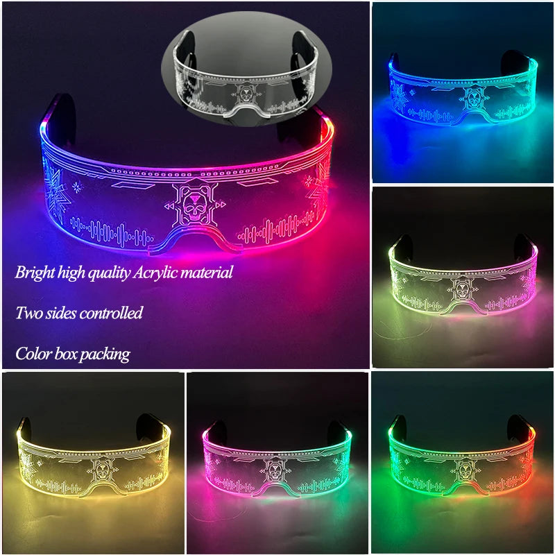 New Acrylic Luminous Glowing Cyberpunk Glasses LED Light Up Halloween Party Skull Glasses Bar Club Props Neon Glasses Supplies