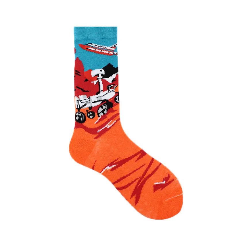 Painting Style Astronaut Men's Socks Harajuku Colorful Cotton Socks Planet Rocket Space Street Alien Socks