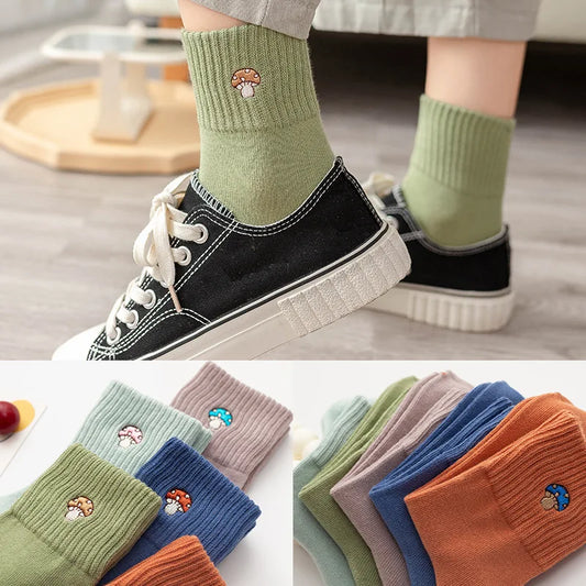 Women's Harajuku Solid Color Socks Lovely Girl Vegetable Embroidery Mushroom Cotton Socks Kawaii Funny Casual Socks