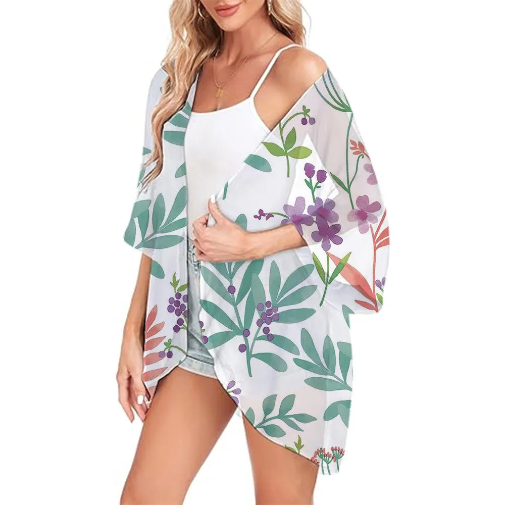 Floral Printed Kimono Womens 2024 Summer Lightweight Chiffon Cardigan Open Front Side Slit Boho Kimono Cover Ups For Beach Party