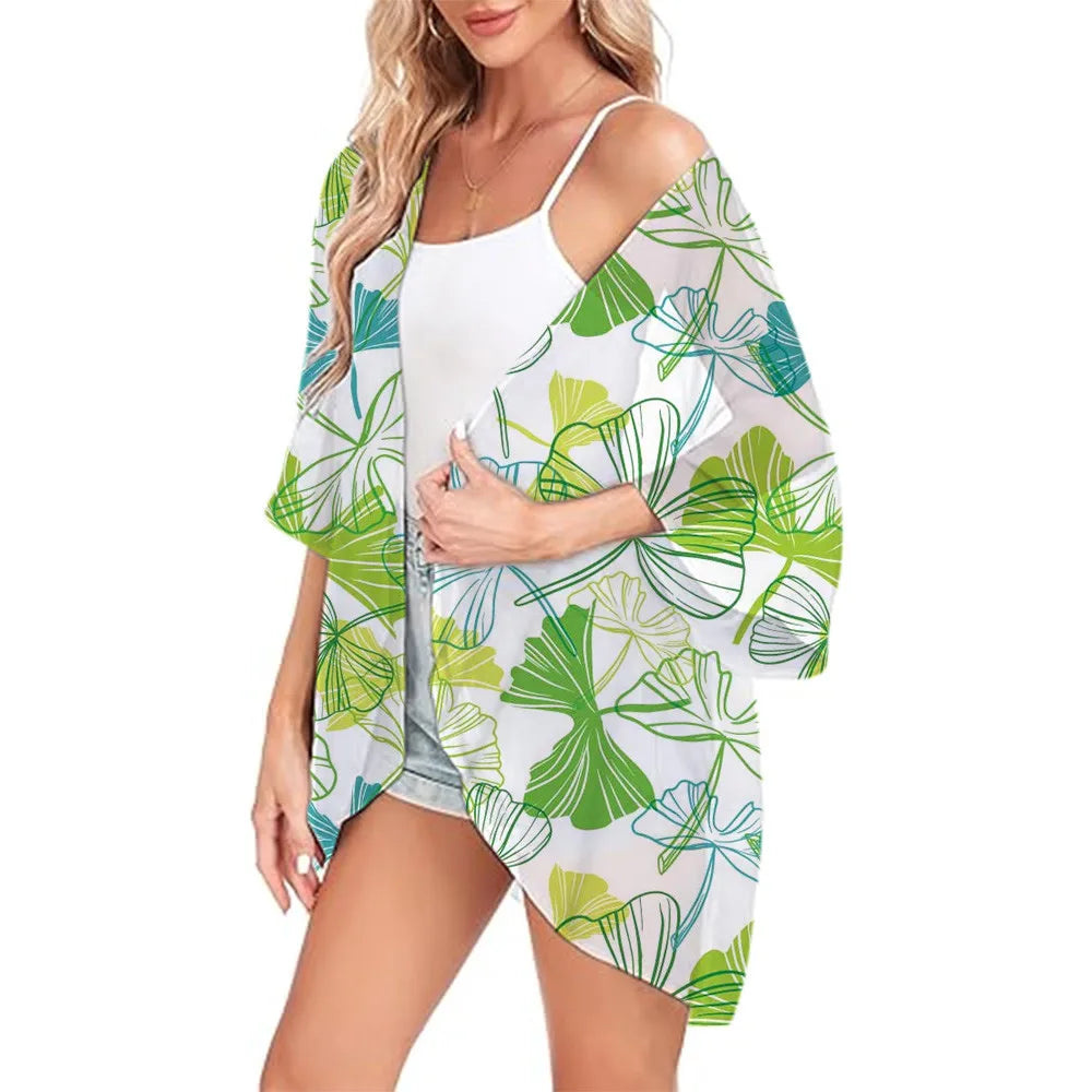 Floral Printed Kimono Womens 2024 Summer Lightweight Chiffon Cardigan Open Front Side Slit Boho Kimono Cover Ups For Beach Party