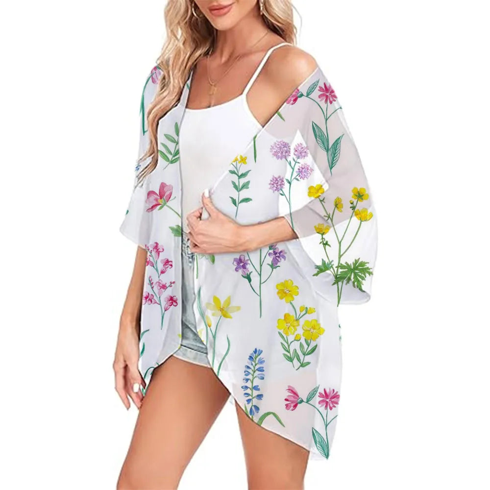Floral Printed Kimono Womens 2024 Summer Lightweight Chiffon Cardigan Open Front Side Slit Boho Kimono Cover Ups For Beach Party