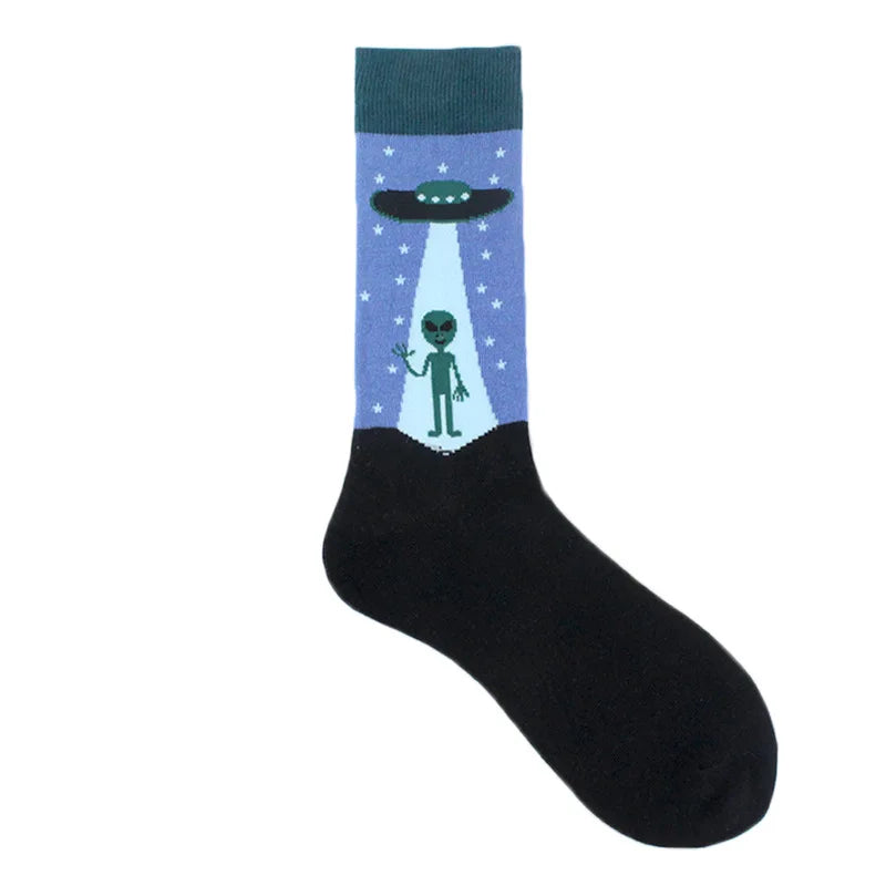 Painting Style Astronaut Men's Socks Harajuku Colorful Cotton Socks Planet Rocket Space Street Alien Socks