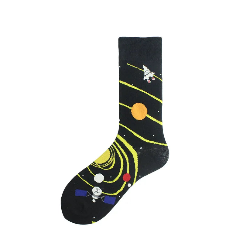 Painting Style Astronaut Men's Socks Harajuku Colorful Cotton Socks Planet Rocket Space Street Alien Socks