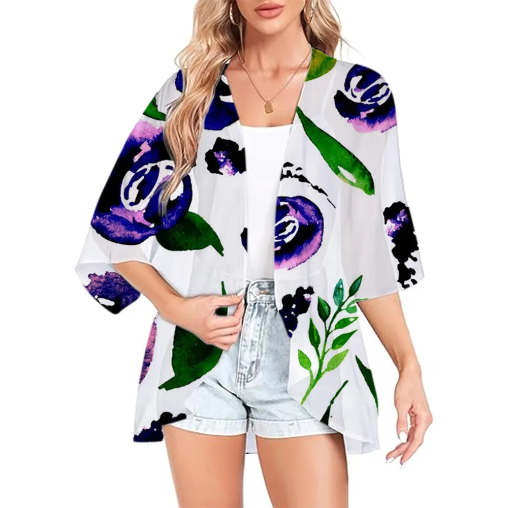 Women Boho Printed Kimono Beach Cover-Ups Fashionable Summer Open Front Chiffon Cardigan Loose Shirt Sleeve Shawl Capes Bohemia