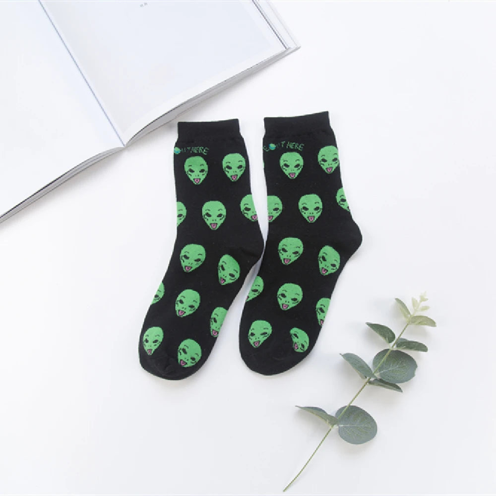 Unisex Summer Fashion Cartoon Cat Art Funny Alien Planet Autumn Winter Creative Soft Cotton Hipster Couples' Socks Dropship