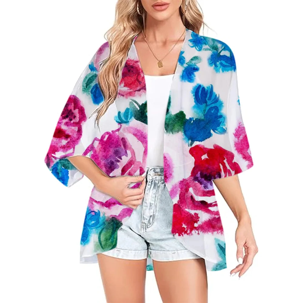 Women Boho Printed Kimono Beach Cover-Ups Fashionable Summer Open Front Chiffon Cardigan Loose Shirt Sleeve Shawl Capes Bohemia