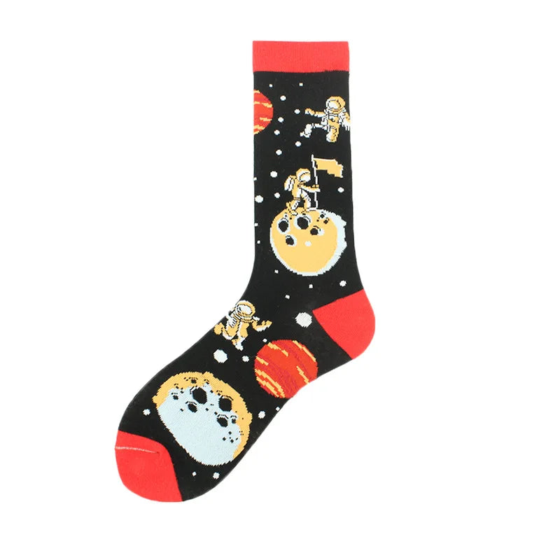 Painting Style Astronaut Men's Socks Harajuku Colorful Cotton Socks Planet Rocket Space Street Alien Socks