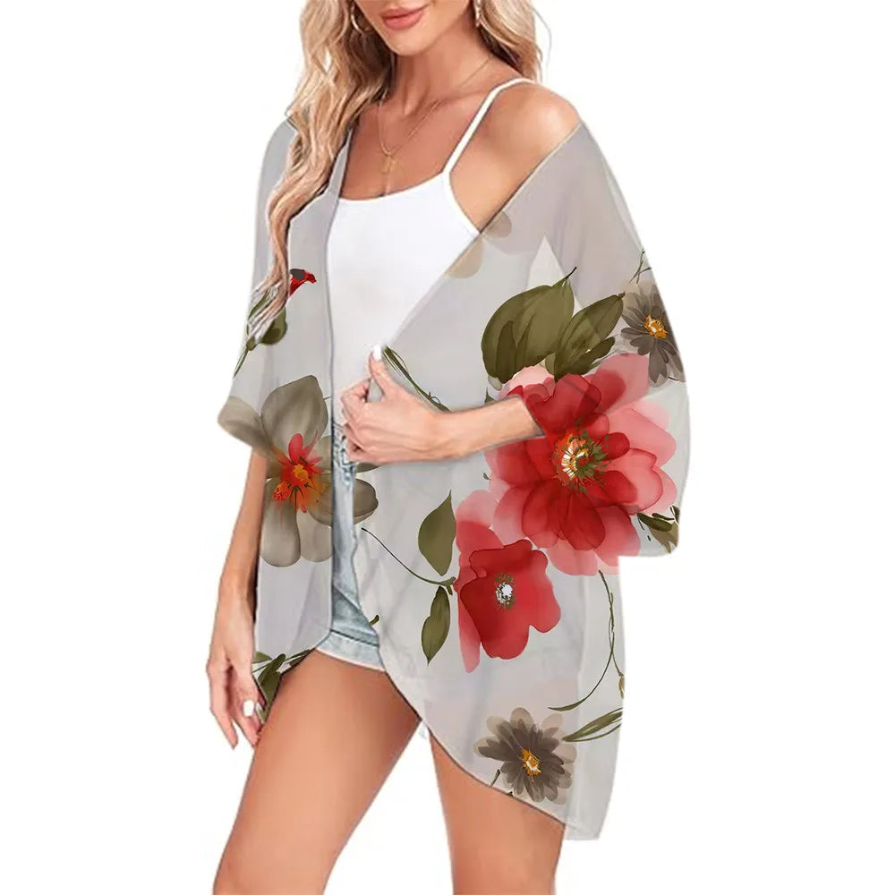Floral Printed Kimono Womens 2024 Summer Lightweight Chiffon Cardigan Open Front Side Slit Boho Kimono Cover Ups For Beach Party