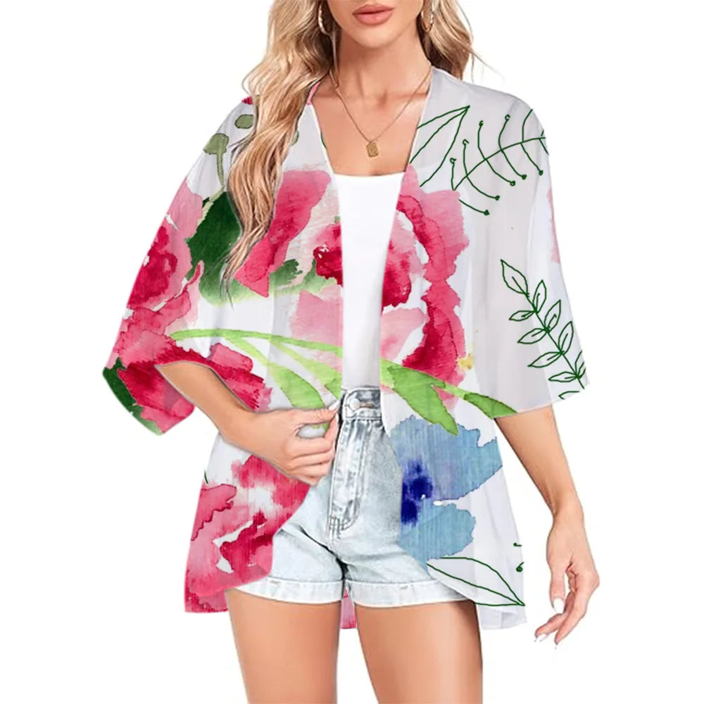 Women Boho Printed Kimono Beach Cover-Ups Fashionable Summer Open Front Chiffon Cardigan Loose Shirt Sleeve Shawl Capes Bohemia