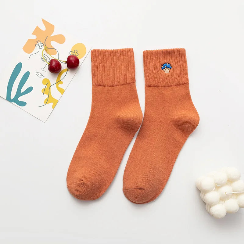 Women's Harajuku Solid Color Socks Lovely Girl Vegetable Embroidery Mushroom Cotton Socks Kawaii Funny Casual Socks
