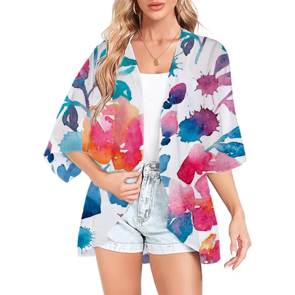 Women Boho Printed Kimono Beach Cover-Ups Fashionable Summer Open Front Chiffon Cardigan Loose Shirt Sleeve Shawl Capes Bohemia