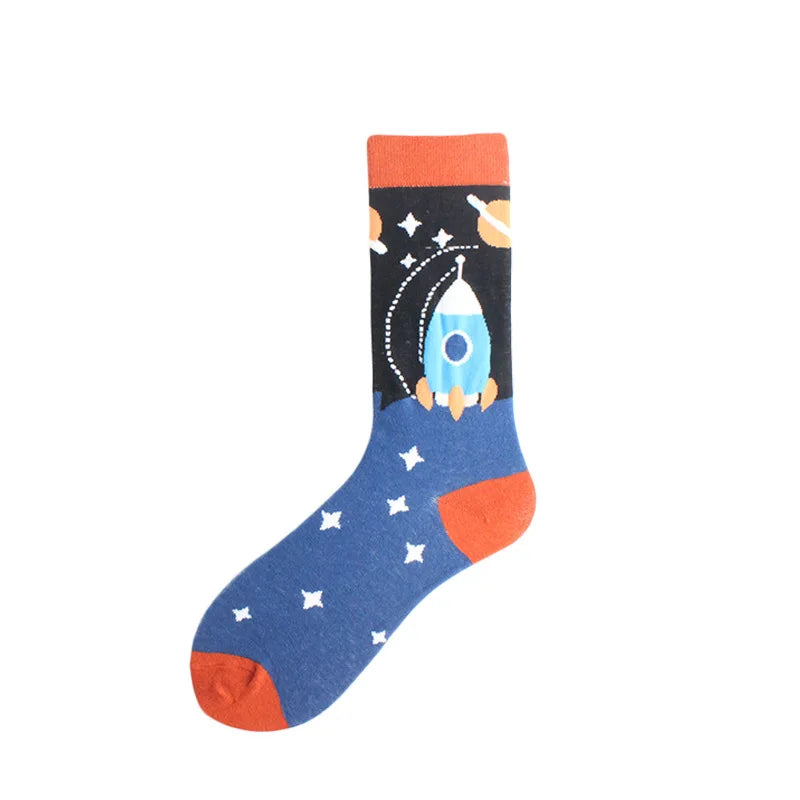 Painting Style Astronaut Men's Socks Harajuku Colorful Cotton Socks Planet Rocket Space Street Alien Socks