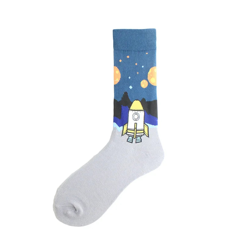 Painting Style Astronaut Men's Socks Harajuku Colorful Cotton Socks Planet Rocket Space Street Alien Socks