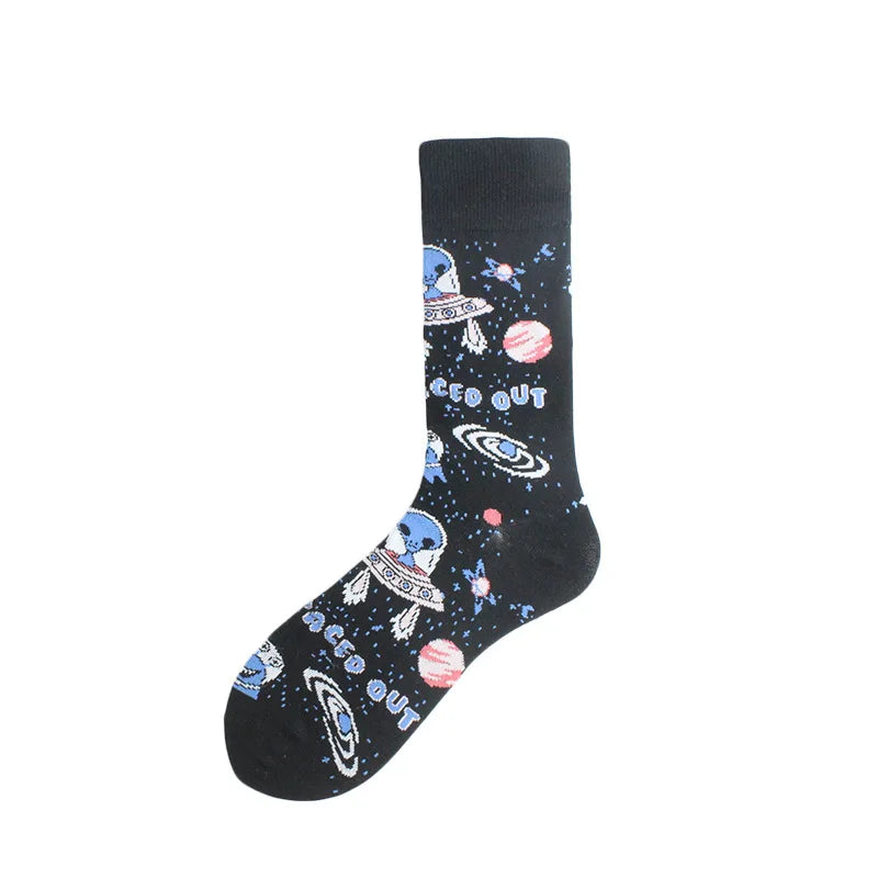 Painting Style Astronaut Men's Socks Harajuku Colorful Cotton Socks Planet Rocket Space Street Alien Socks