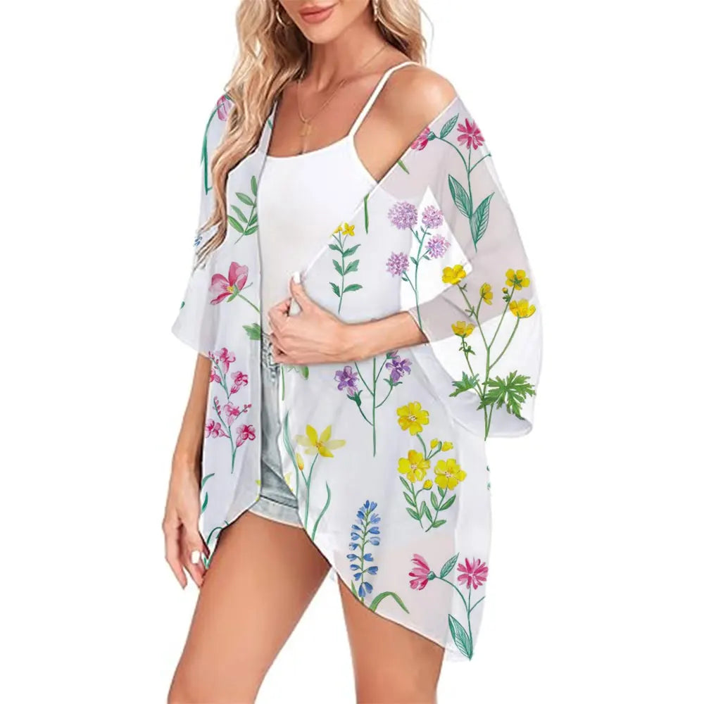 Floral Printed Kimono Womens 2024 Summer Lightweight Chiffon Cardigan Open Front Side Slit Boho Kimono Cover Ups For Beach Party