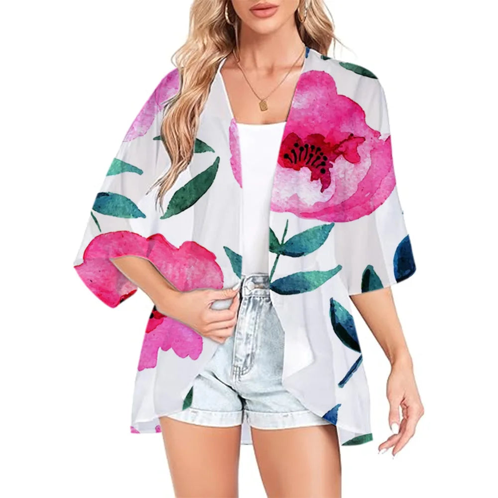Women Boho Printed Kimono Beach Cover-Ups Fashionable Summer Open Front Chiffon Cardigan Loose Shirt Sleeve Shawl Capes Bohemia