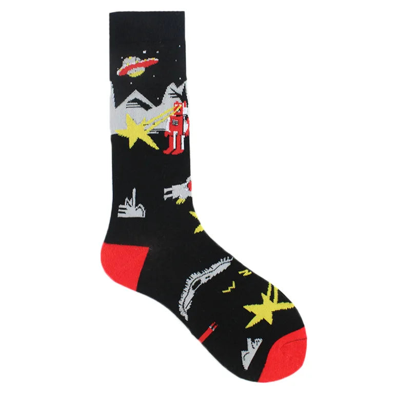 Painting Style Astronaut Men's Socks Harajuku Colorful Cotton Socks Planet Rocket Space Street Alien Socks