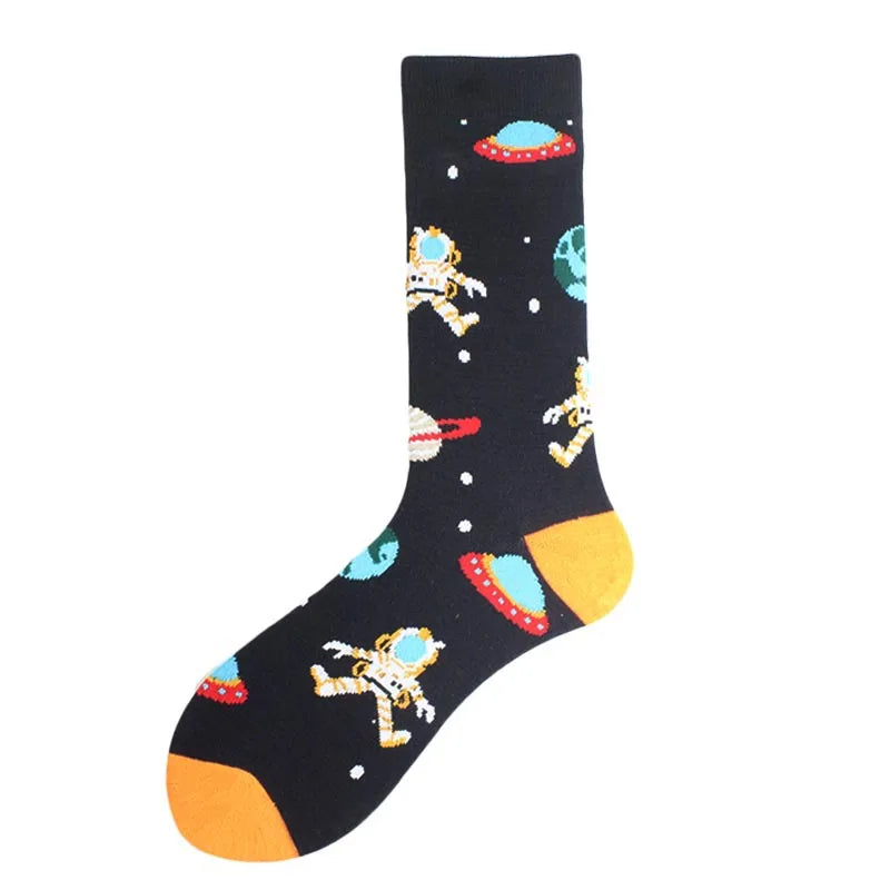 Painting Style Astronaut Men's Socks Harajuku Colorful Cotton Socks Planet Rocket Space Street Alien Socks