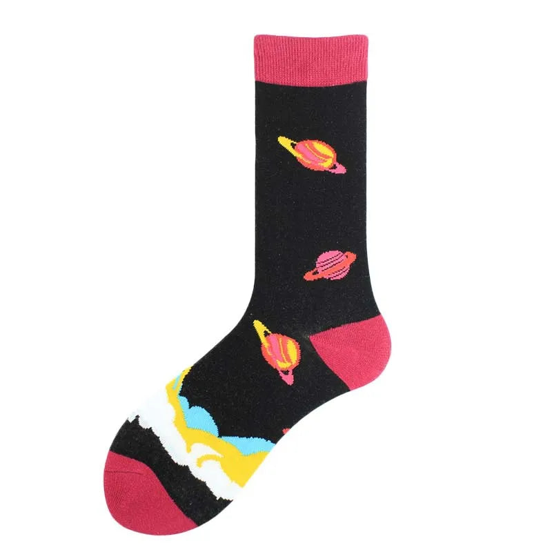 Painting Style Astronaut Men's Socks Harajuku Colorful Cotton Socks Planet Rocket Space Street Alien Socks