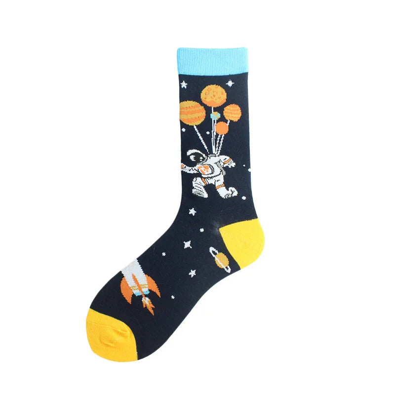 Painting Style Astronaut Men's Socks Harajuku Colorful Cotton Socks Planet Rocket Space Street Alien Socks