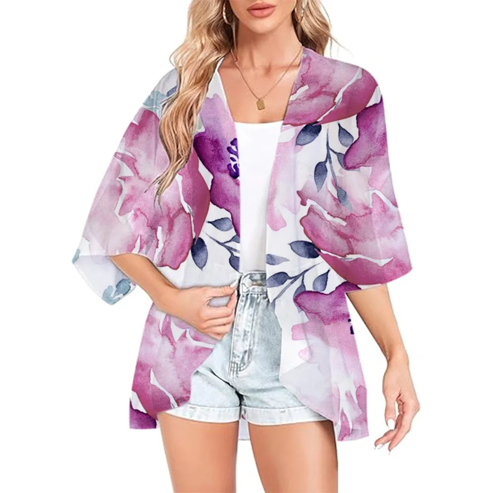 Women Boho Printed Kimono Beach Cover-Ups Fashionable Summer Open Front Chiffon Cardigan Loose Shirt Sleeve Shawl Capes Bohemia