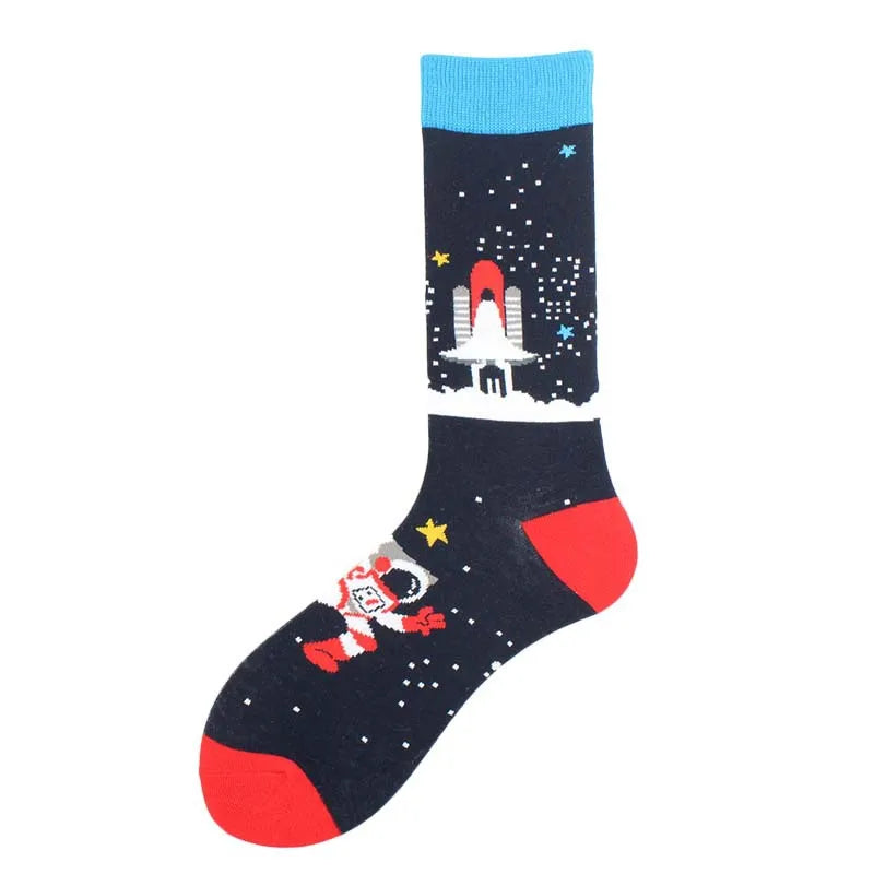 Painting Style Astronaut Men's Socks Harajuku Colorful Cotton Socks Planet Rocket Space Street Alien Socks