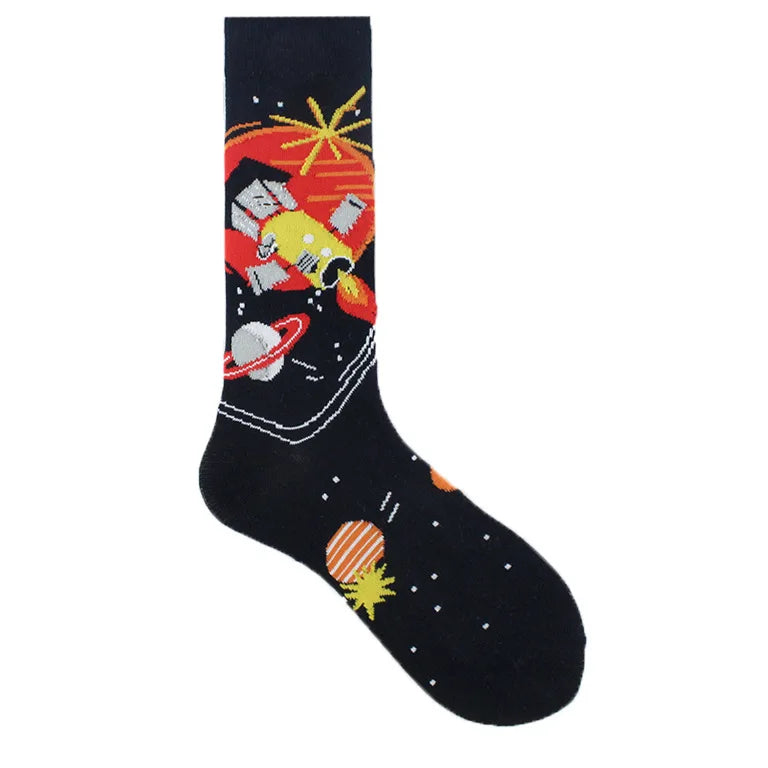 Painting Style Astronaut Men's Socks Harajuku Colorful Cotton Socks Planet Rocket Space Street Alien Socks