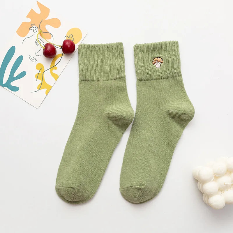 Women's Harajuku Solid Color Socks Lovely Girl Vegetable Embroidery Mushroom Cotton Socks Kawaii Funny Casual Socks